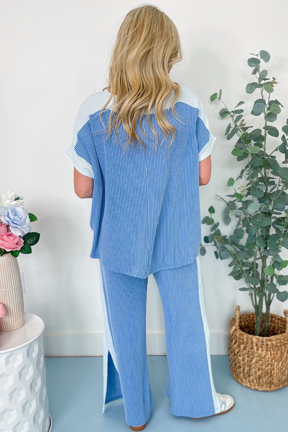 Blue Colorblock Corded Pants Set LT