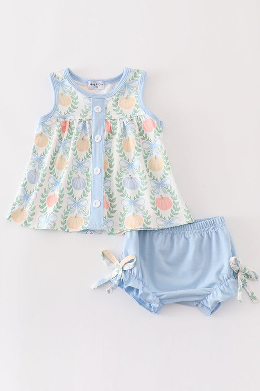 Blue pumpkin print baby girl set