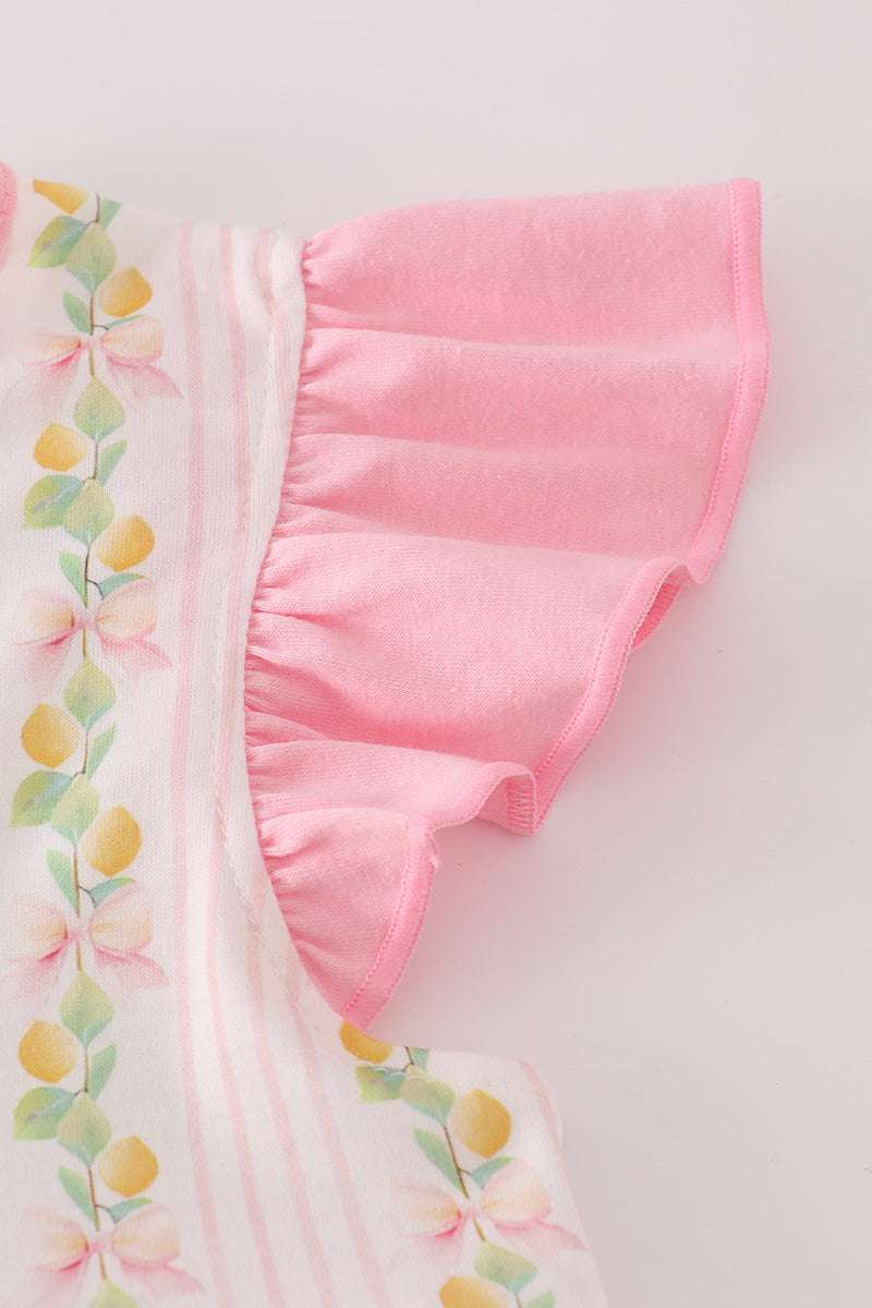 Pink lemon print bow ruffle shorts set