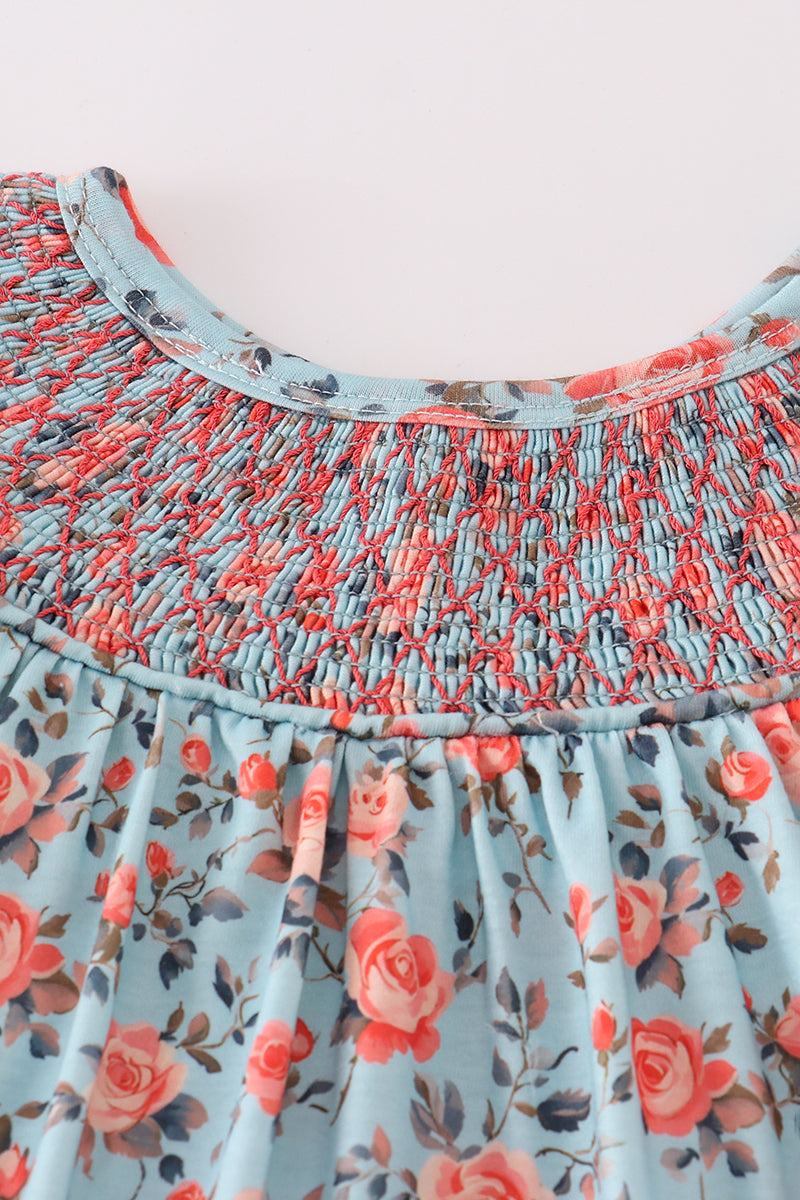 Blue floral smocked bloomer set