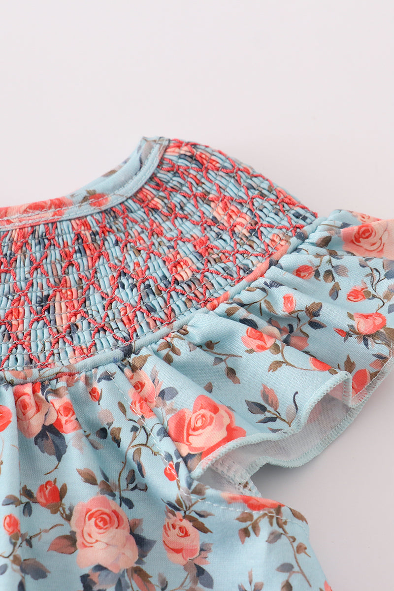 Blue floral smocked bloomer set