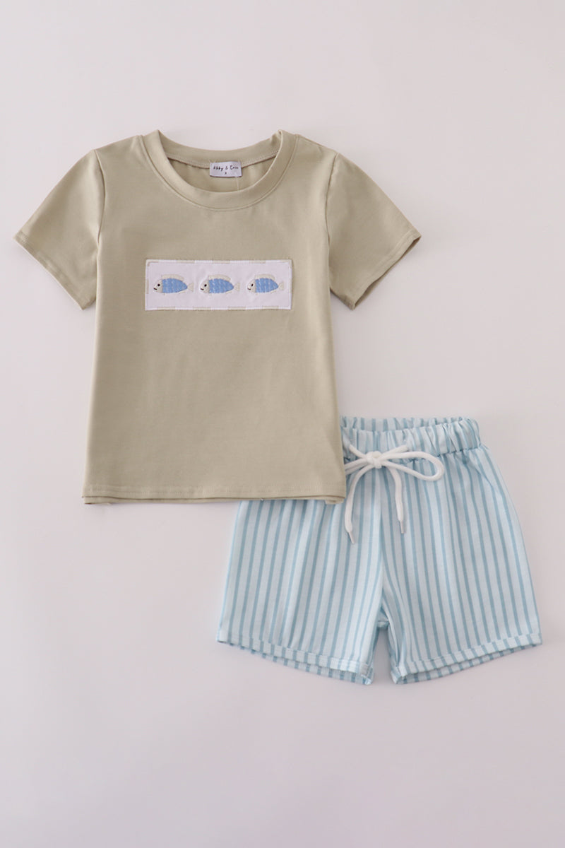 Blue stripe fish embroidery shorts set