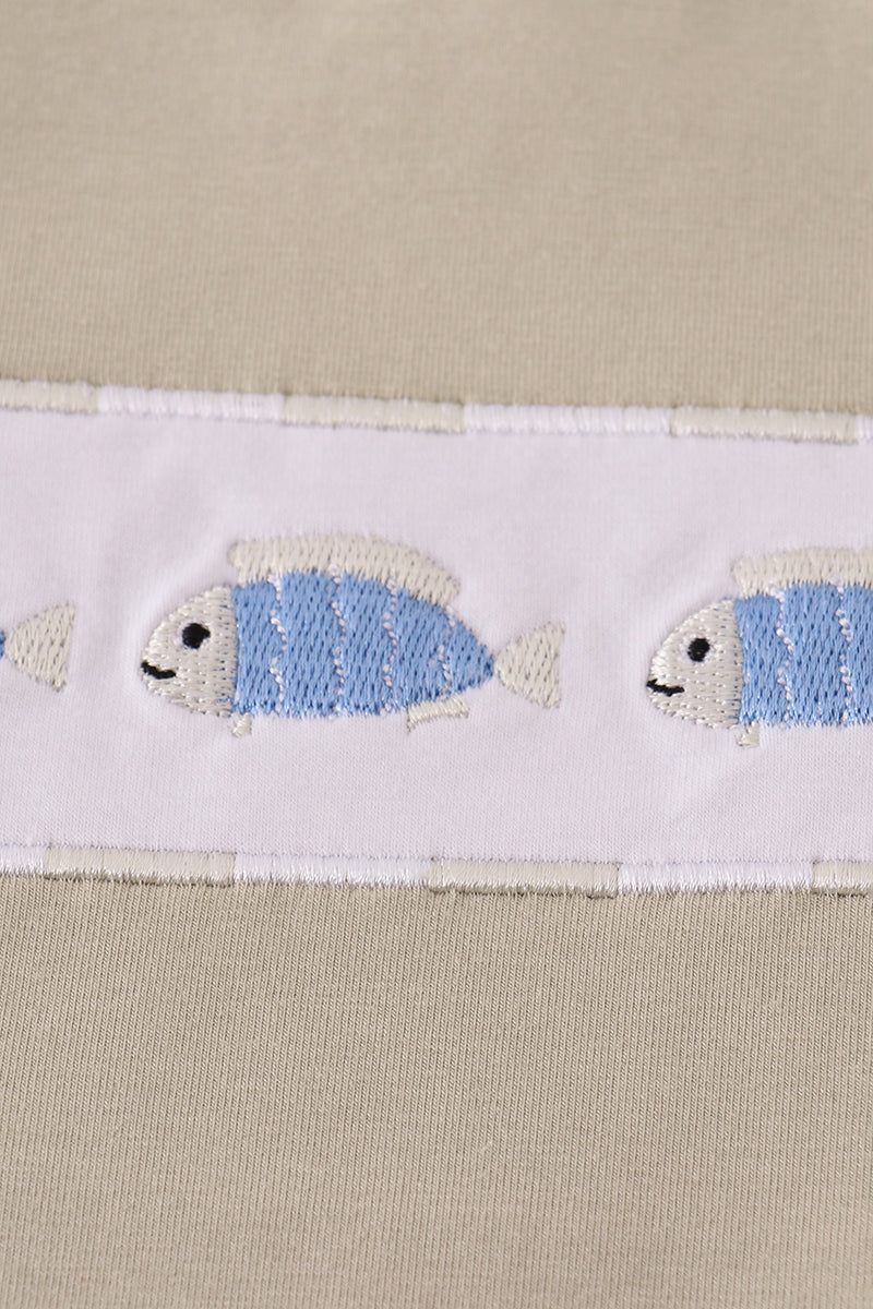 Blue stripe fish embroidery shorts set