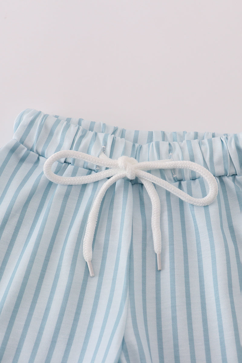 Blue stripe fish embroidery shorts set