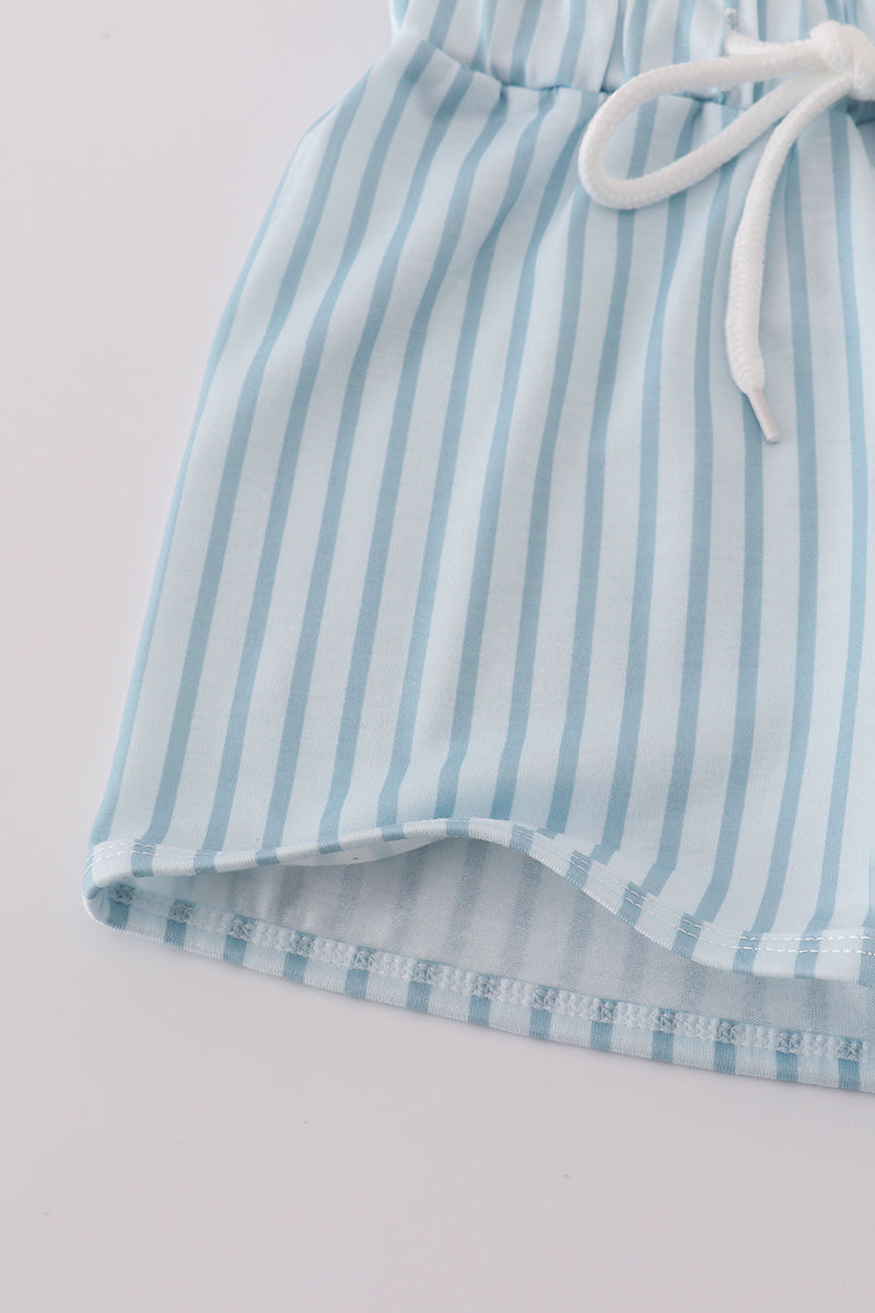 Blue stripe fish embroidery shorts set