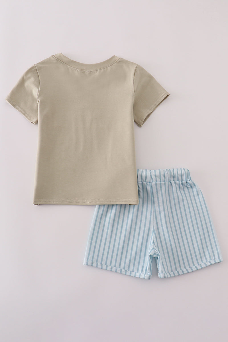 Blue stripe fish embroidery shorts set