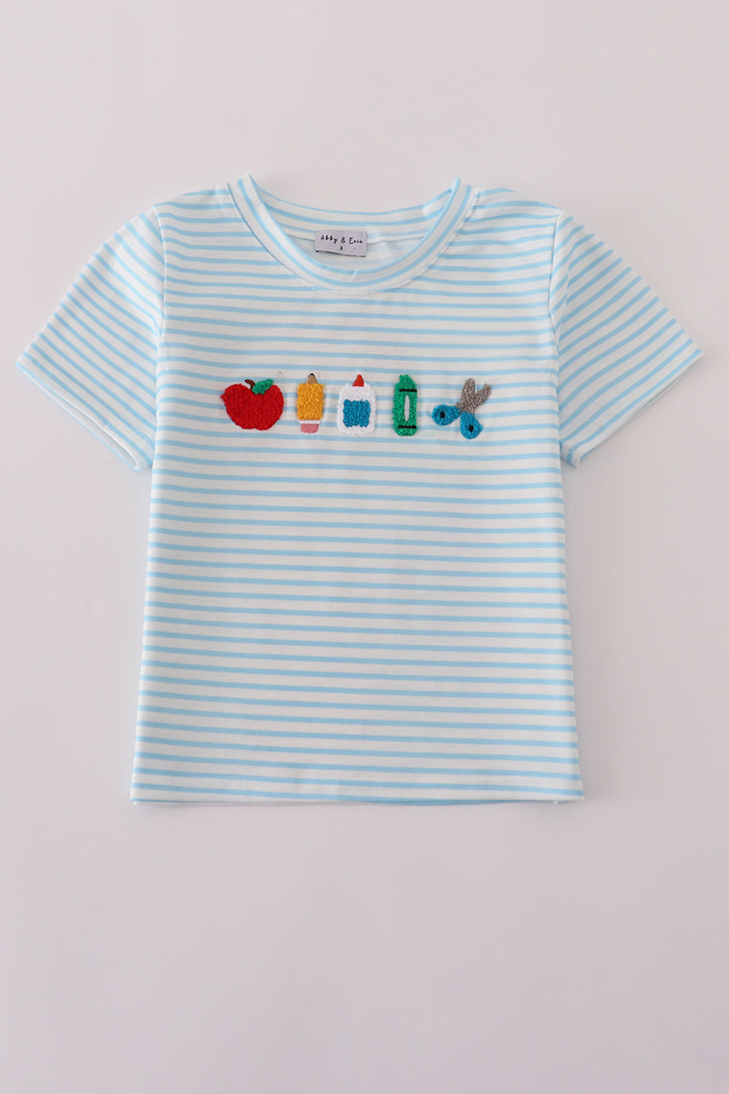 Blue stripe apple pencil french knot top