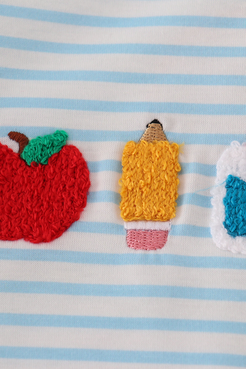 Blue stripe apple pencil french knot top