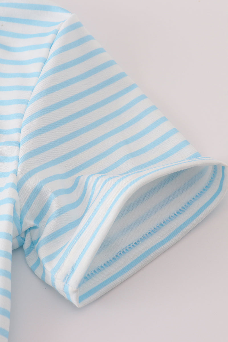 Blue stripe apple pencil french knot top