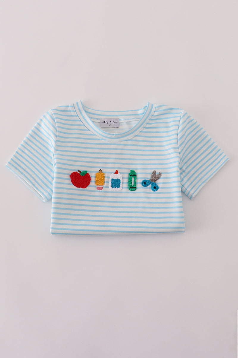 Blue stripe apple pencil french knot top