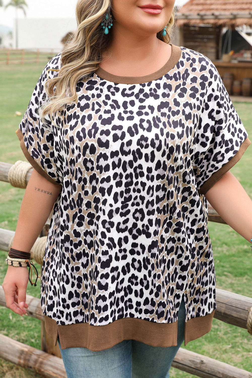 Leopard Contrast Trim Plus Size Top RTS