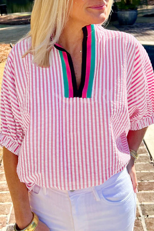 Pink Seersucker Contrast Striped Blouse LT