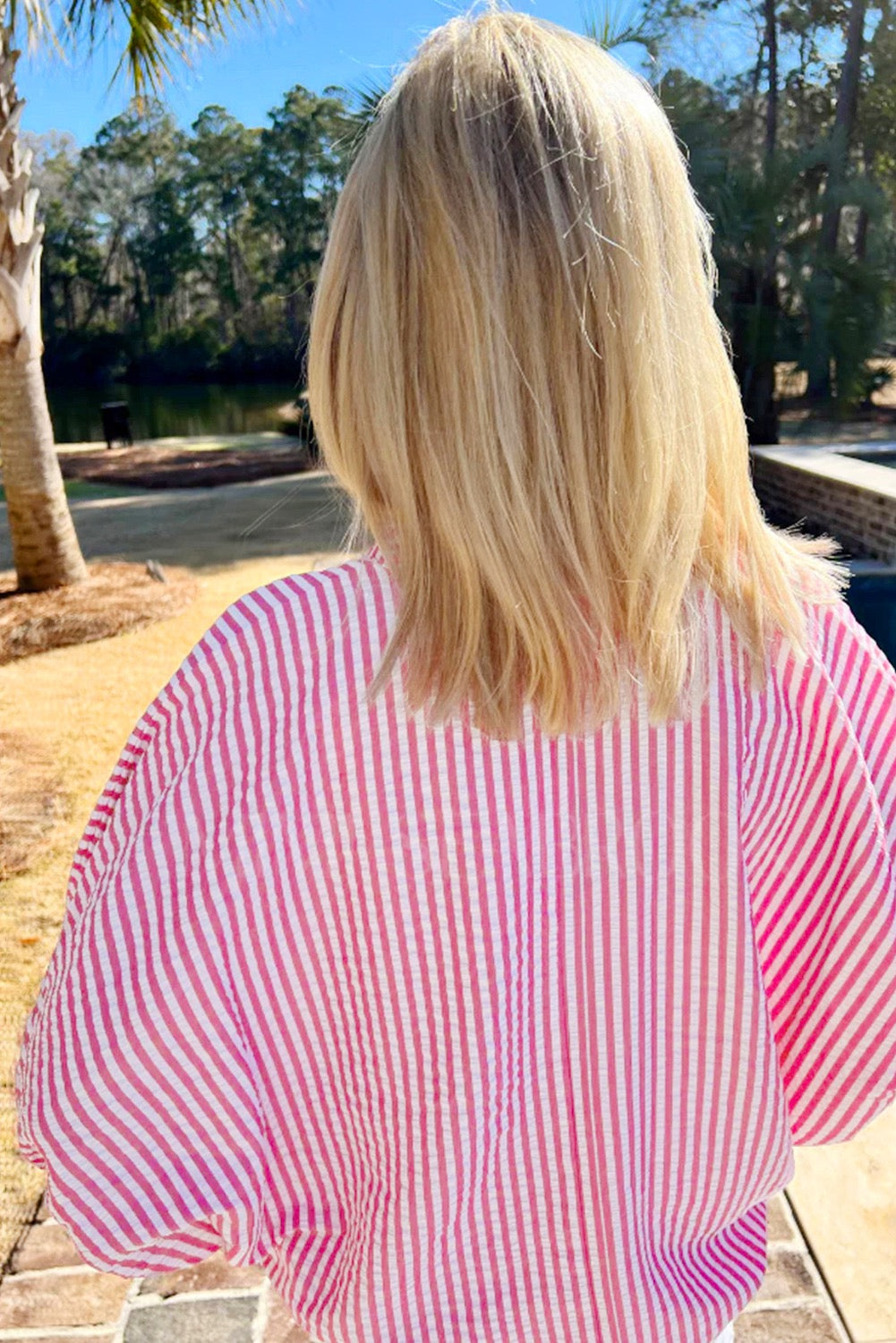 Pink Seersucker Contrast Striped Blouse LT