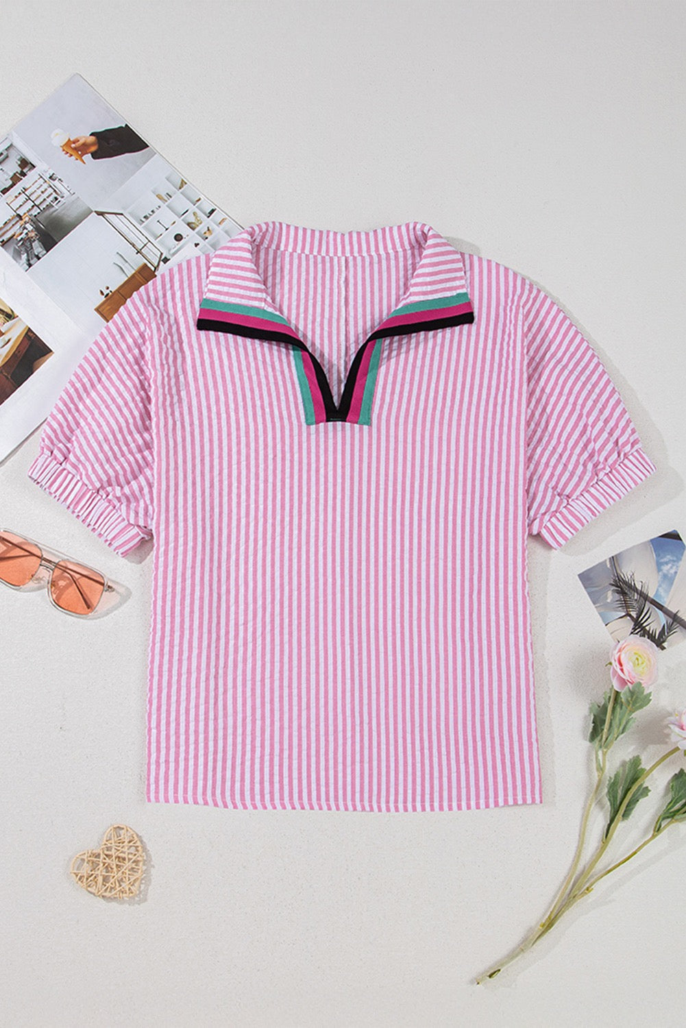Pink Seersucker Contrast Striped Blouse LT