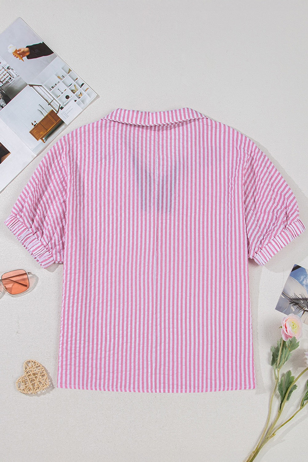 Pink Seersucker Contrast Striped Blouse LT