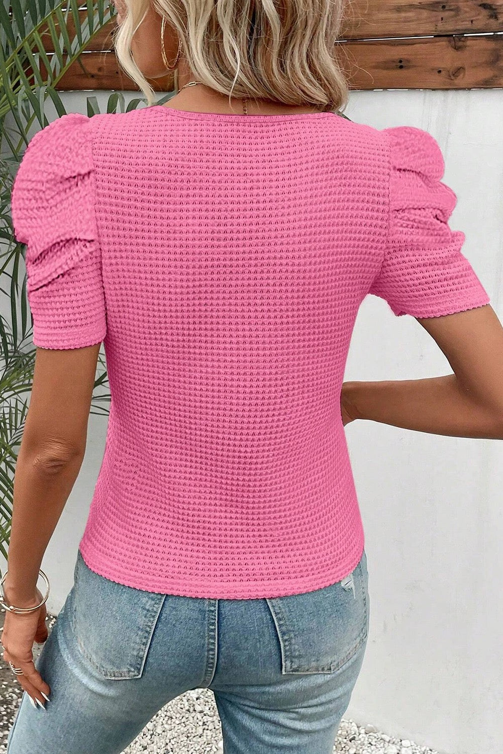 Pink Waffle Knit Puff Sleeve Top LT