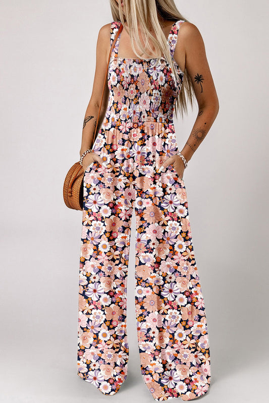 Black Floral Print Smocked Jumpsuit LT