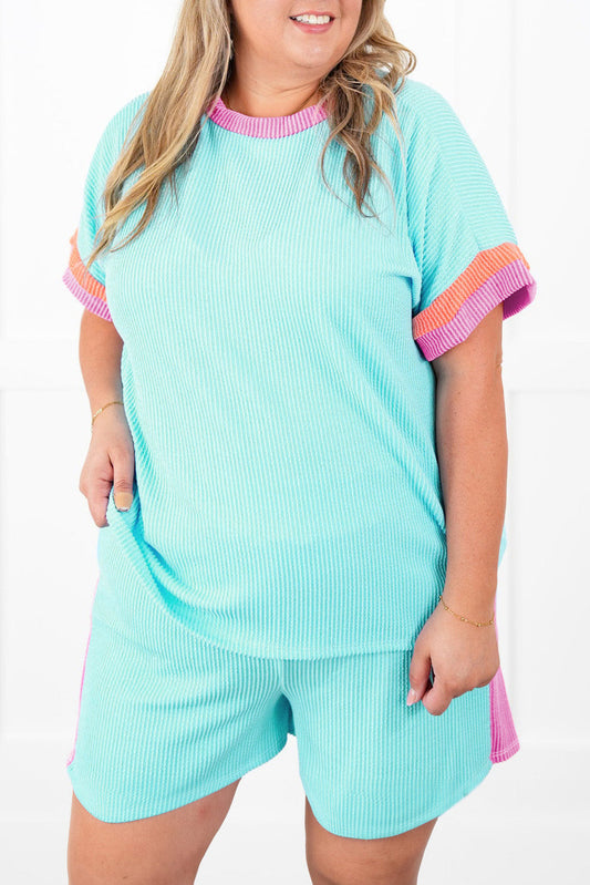 Light Blue Plus Size Color Block Plus Size Set RTS