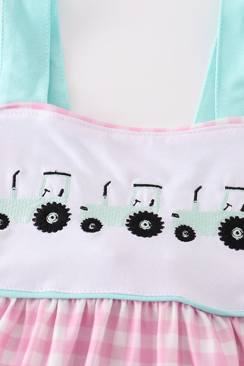 Pink tractor embroidery plaid dress