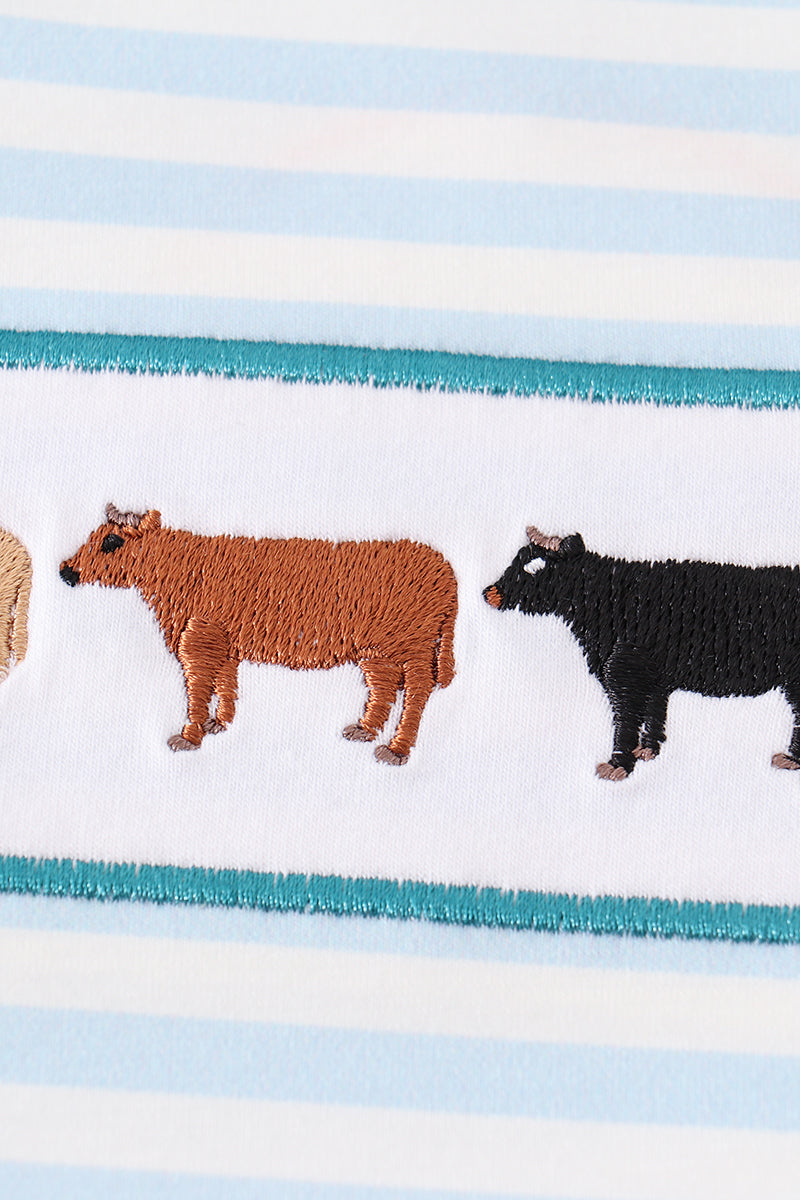 Blue stripe cow embroidery boy set