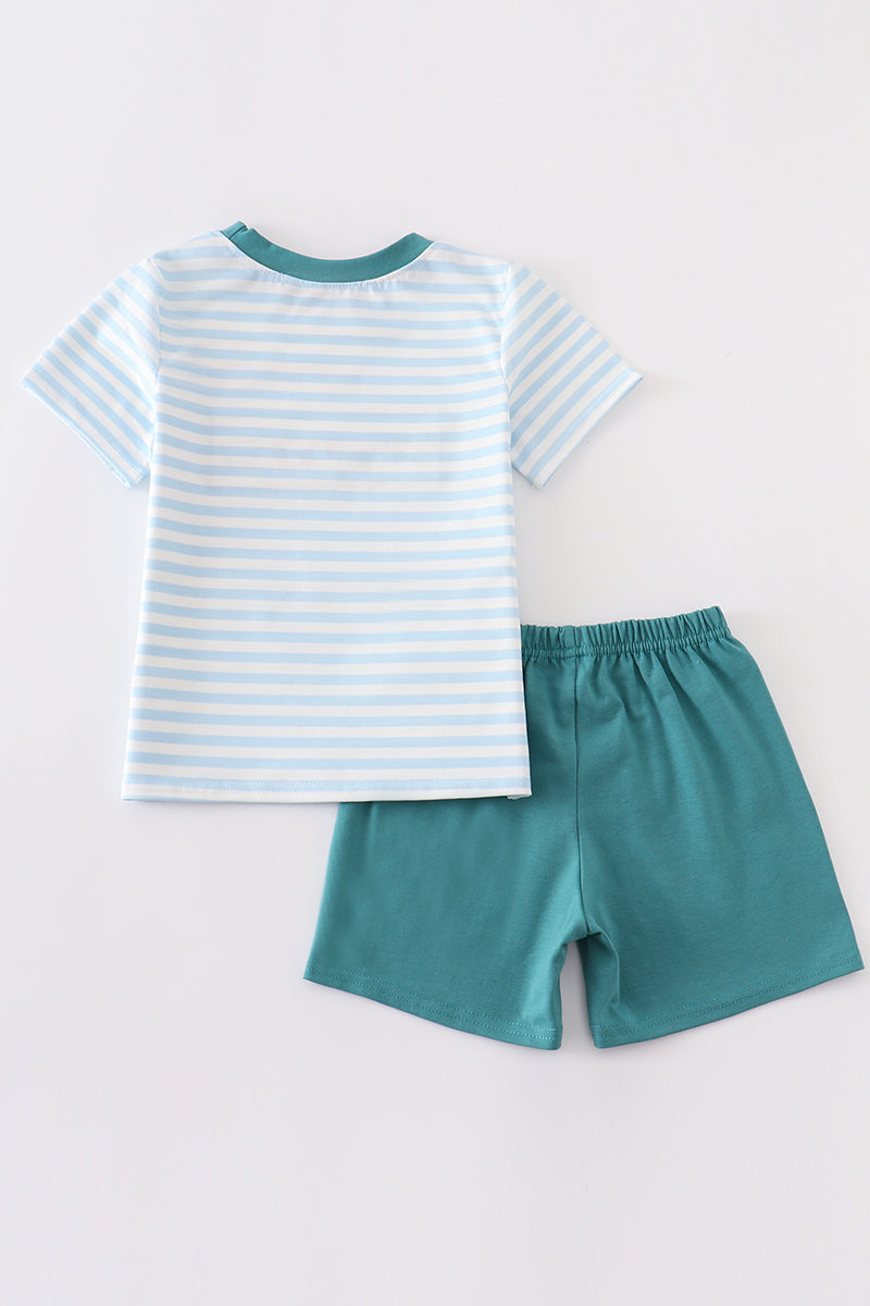 Blue stripe cow embroidery boy set