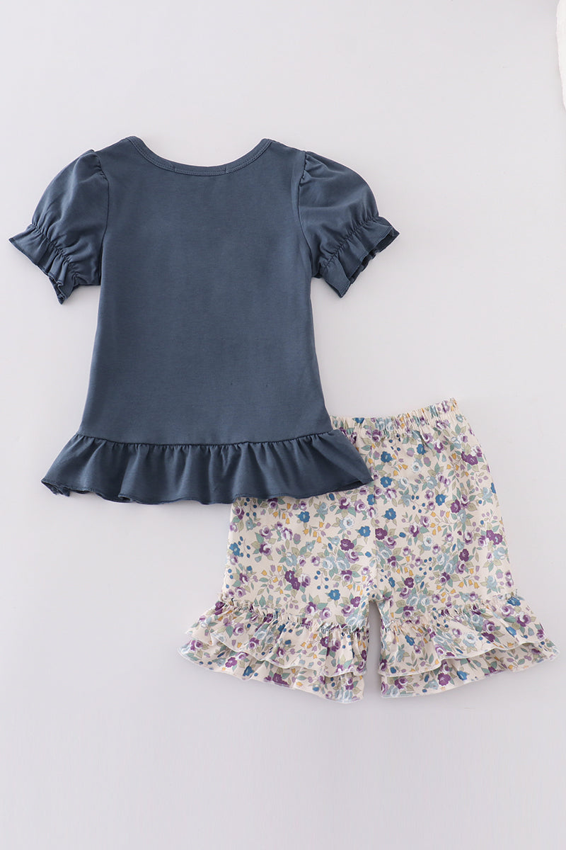 Pig floral print applique girl set