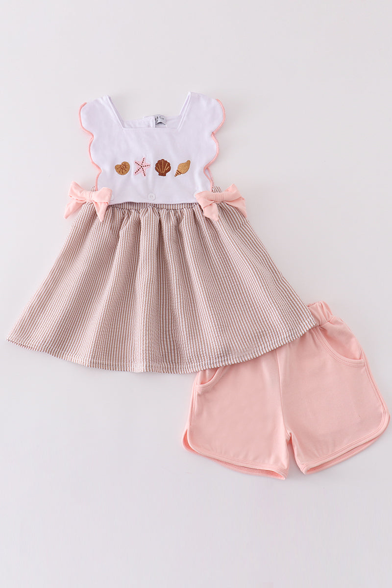 Brown seersucker starfish shell embroidery girl set
