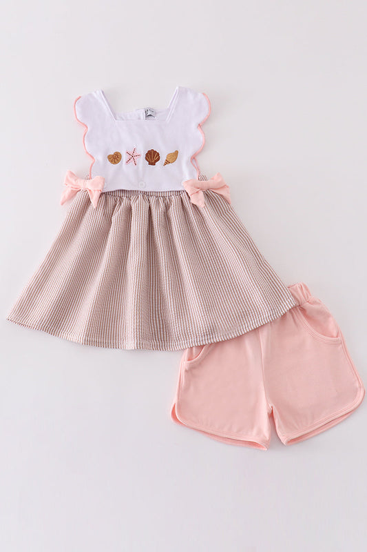 Brown seersucker starfish shell embroidery girl set