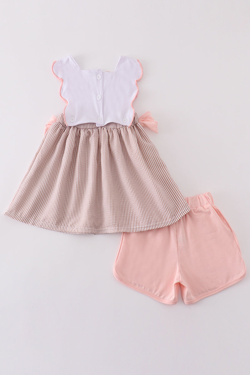 Brown seersucker starfish shell embroidery girl set