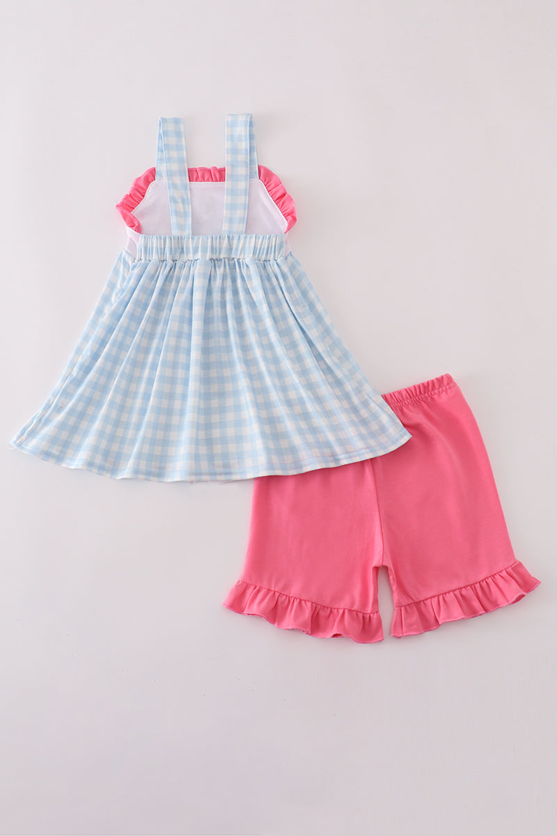 Blue character embroidery shorts set