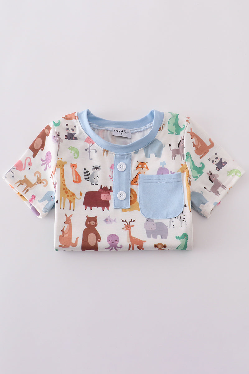 Blue zoo animals print shorts set
