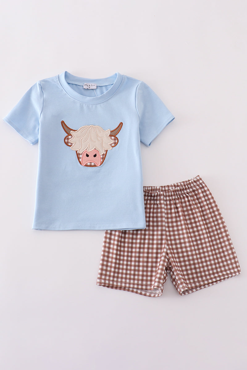 Blue highland cow applique shorts set
