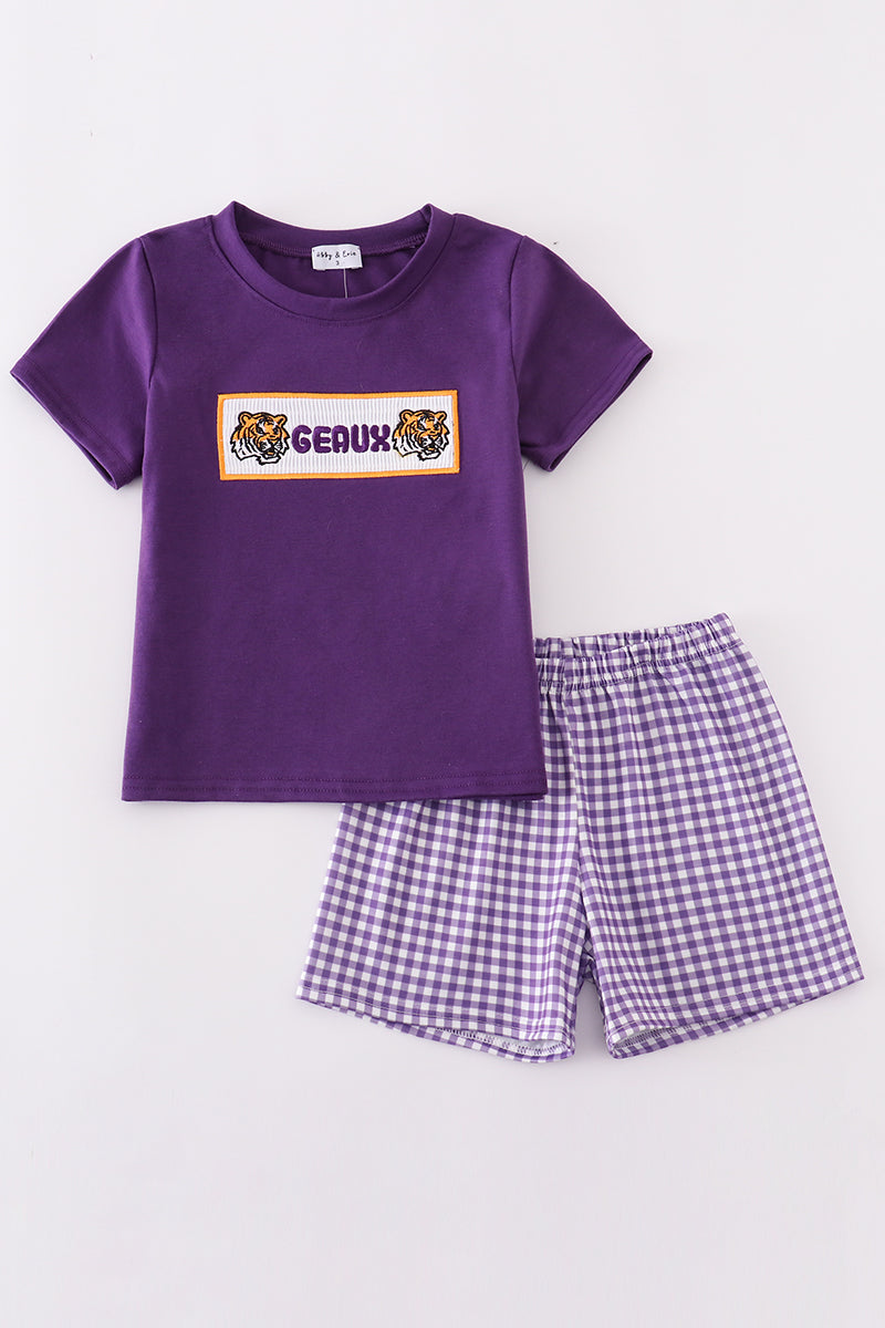 Purple gold LSU geaux embroidery smocked shorts set