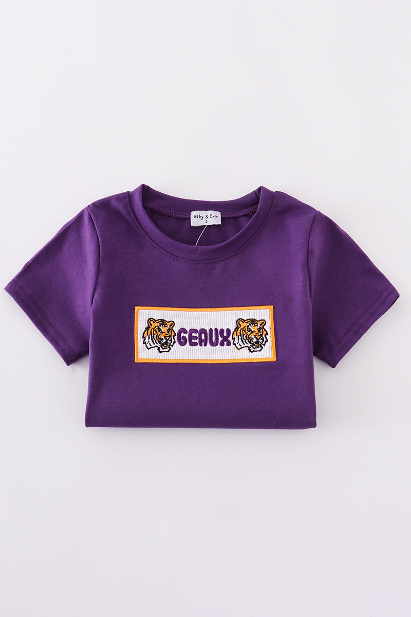 Purple gold LSU geaux embroidery smocked shorts set
