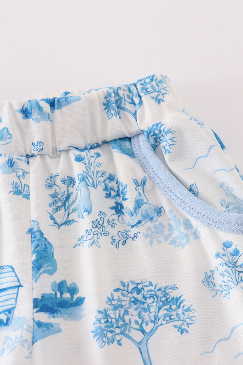 Blue farm print shorts set