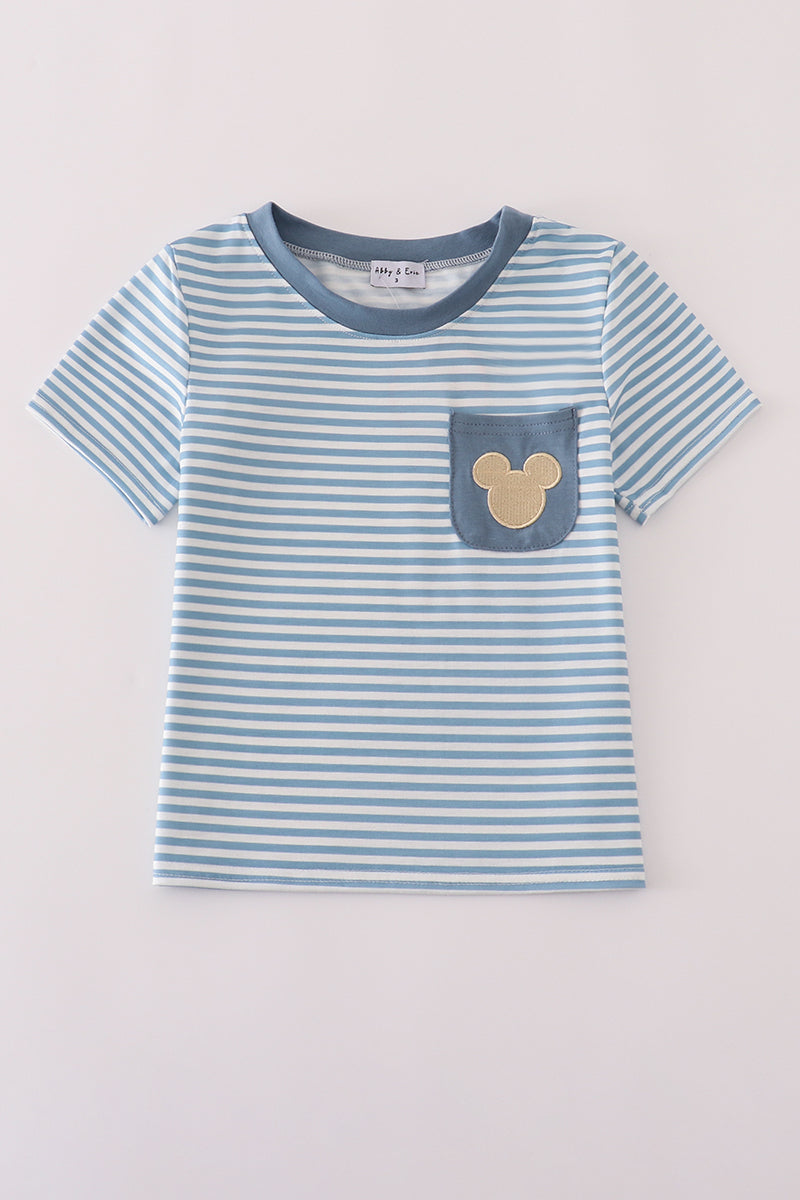 Blue stripe character embroidery top