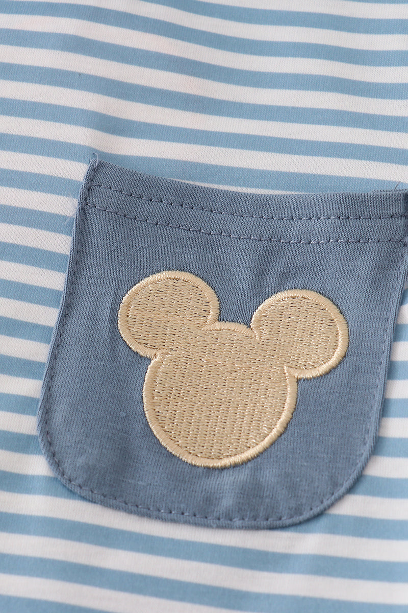 Blue stripe character embroidery top