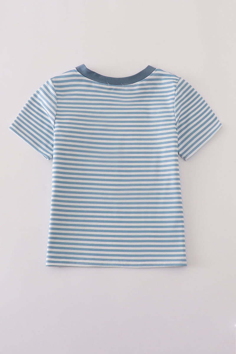 Blue stripe character embroidery top