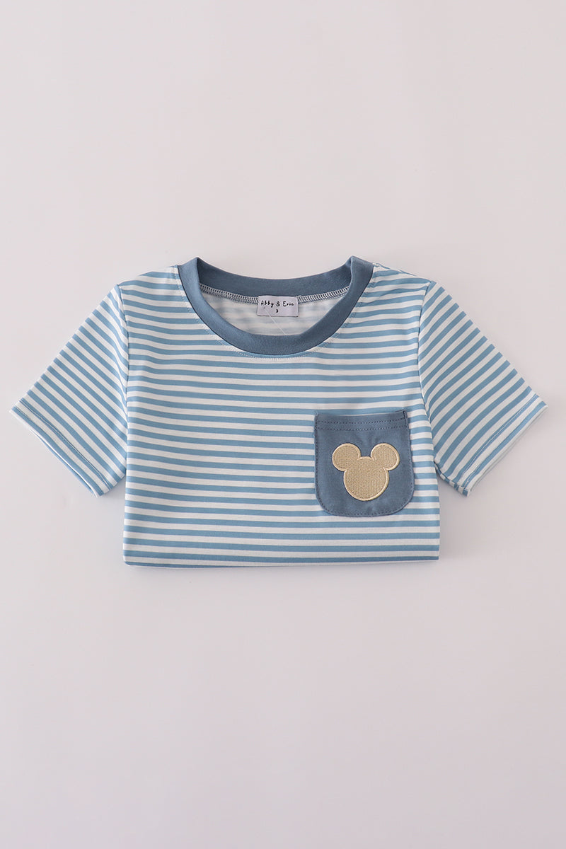 Blue stripe character embroidery top