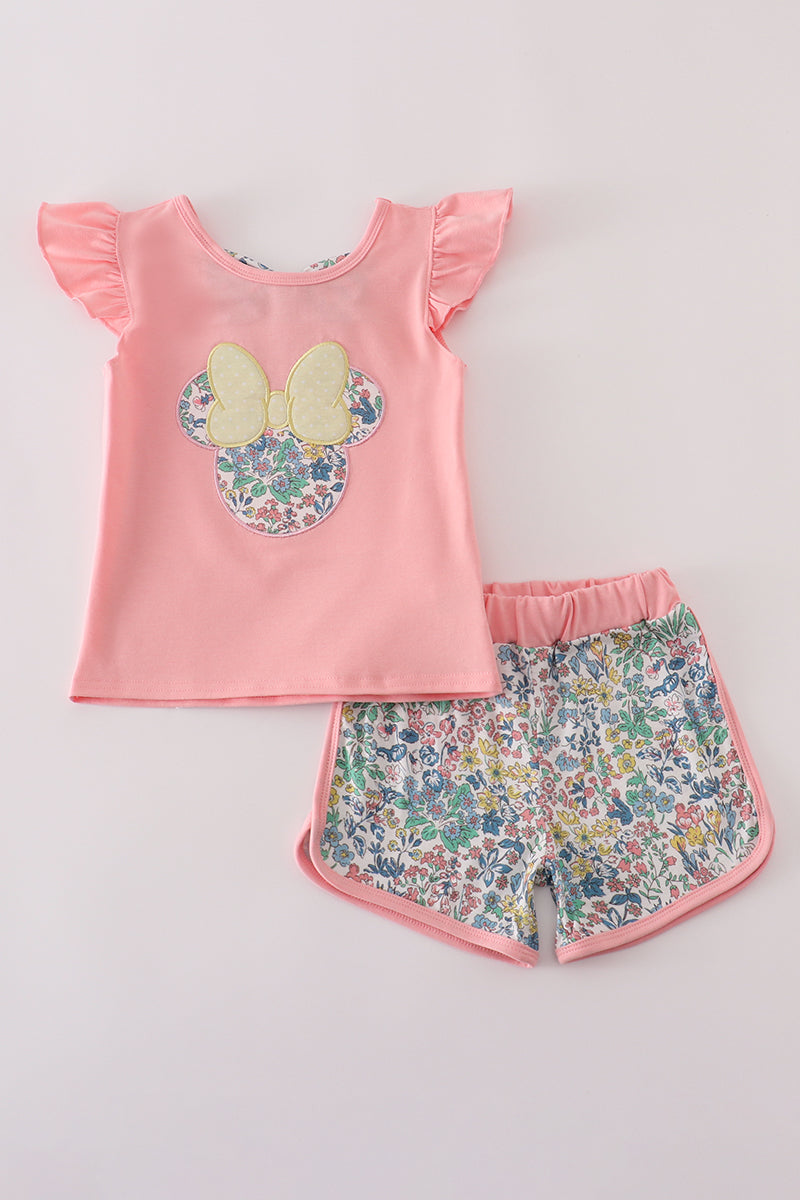 Pink floral character applique shorts set