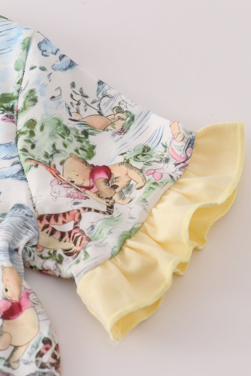 Yellow character print ruffle shorts set