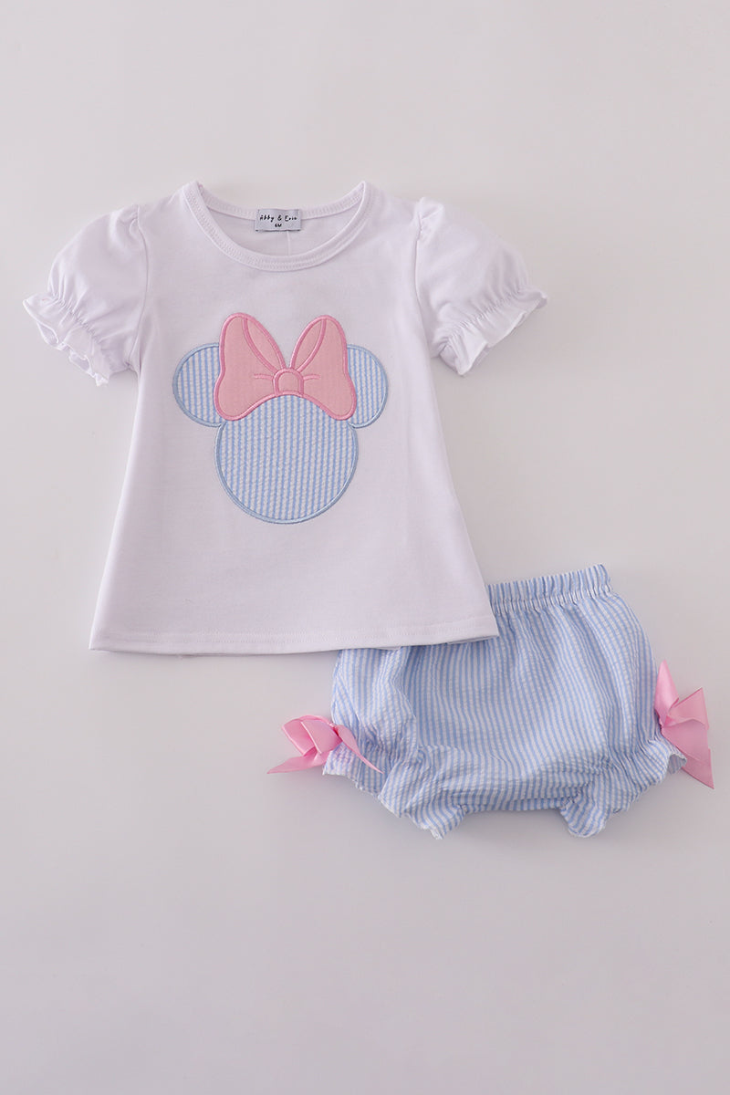 Blue character applique bow bloomer set