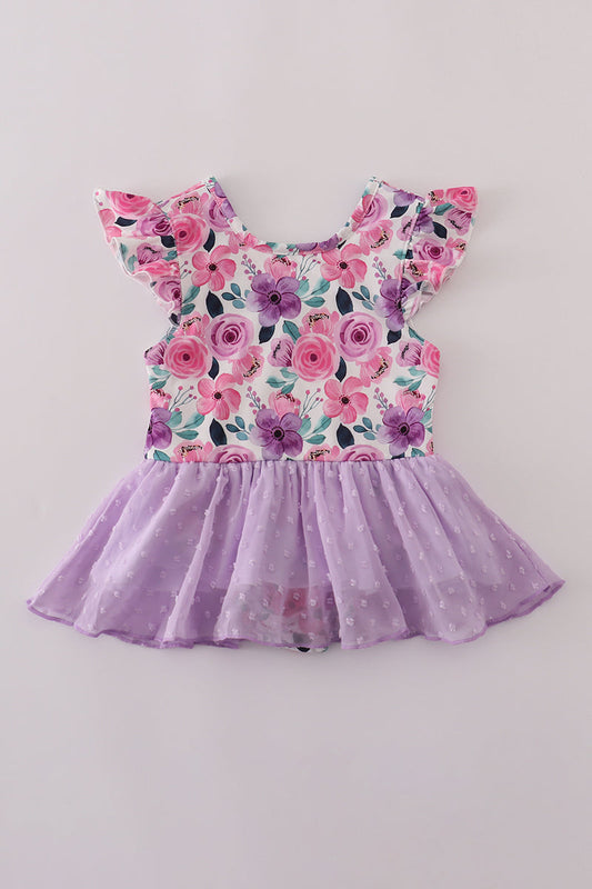 Purple floral swiss dot leotard