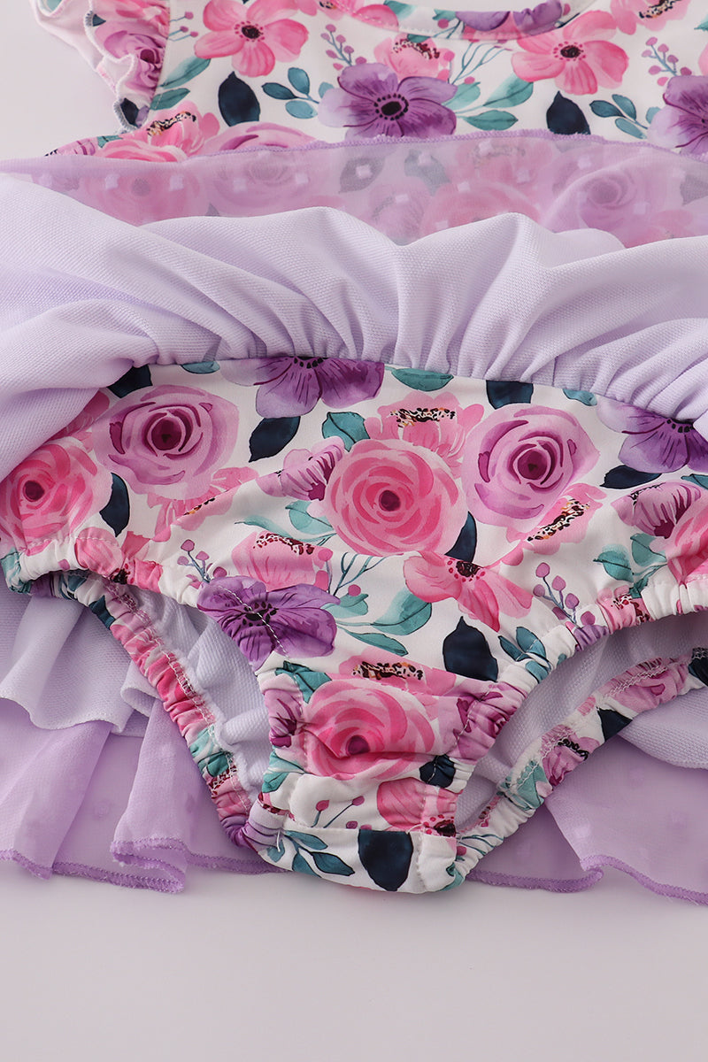 Purple floral swiss dot leotard