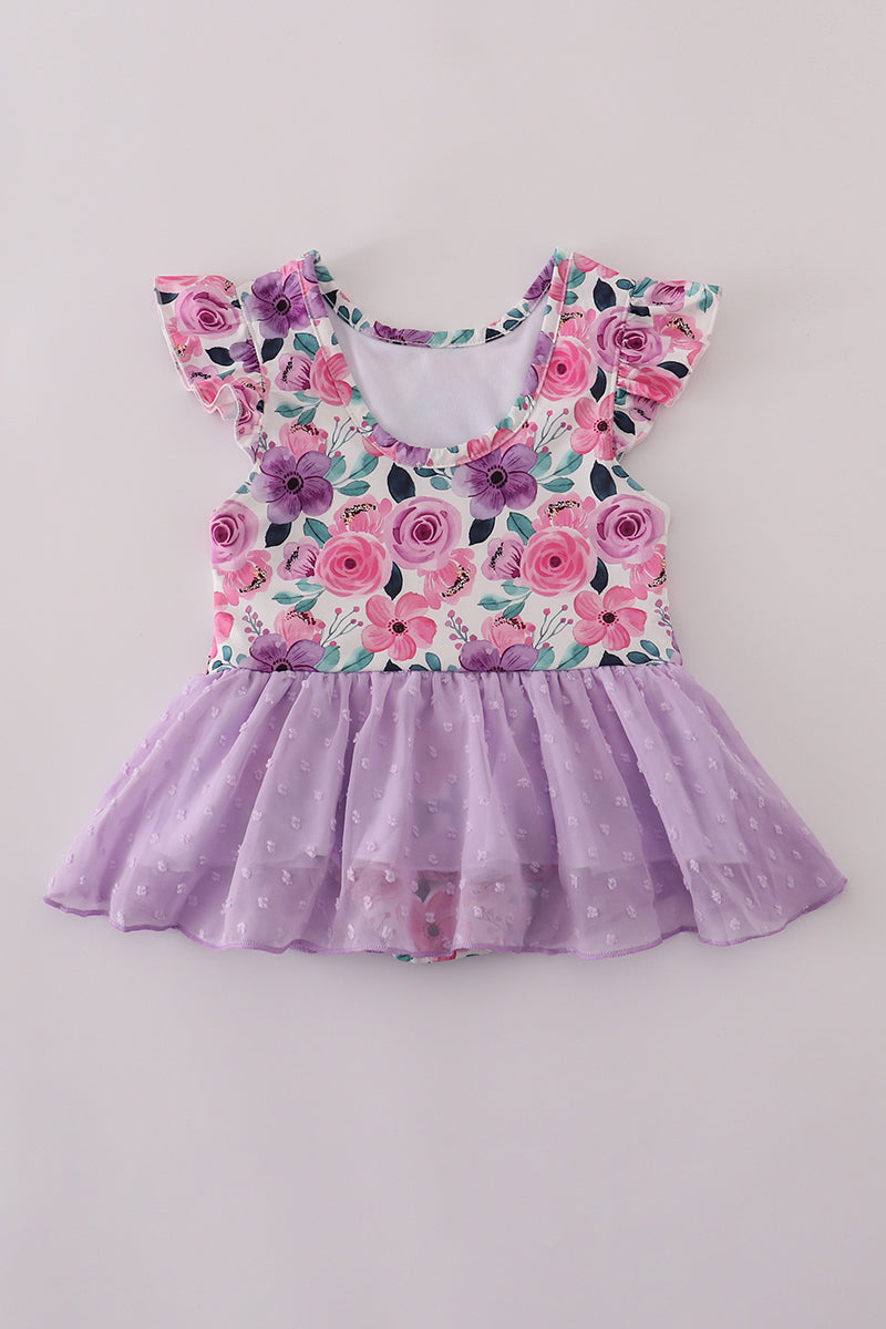 Purple floral swiss dot leotard