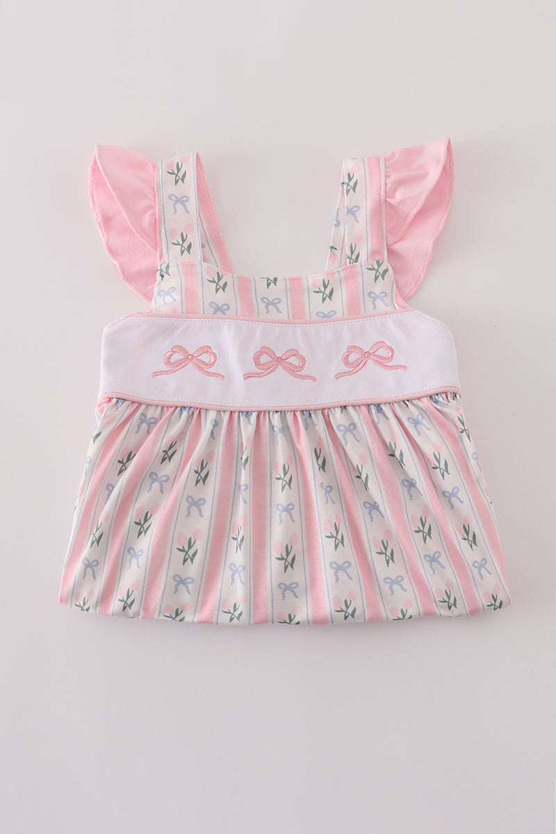 Pink bow embroidery ruffle dress