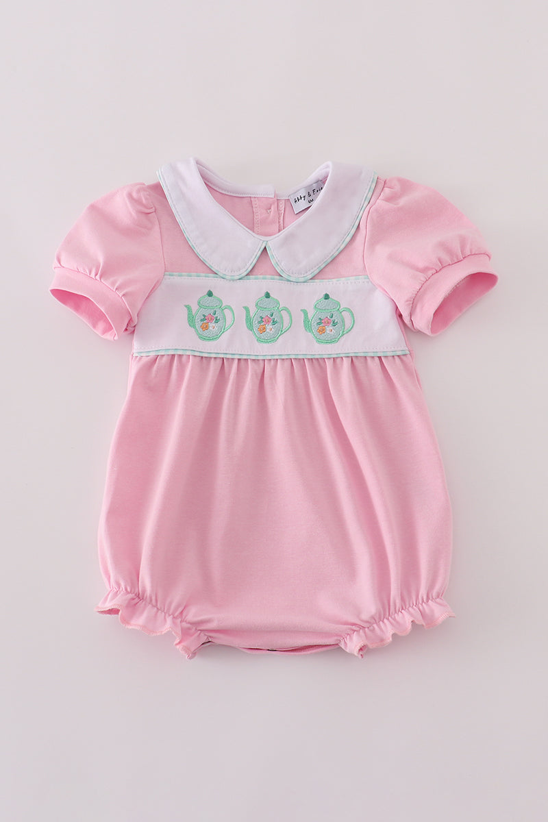 Pink teapot embroidery puff sleeve bubble